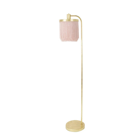 Pink Fringe Shade Floor Lamp In Gold Leaf Finish, Down Bridge Steel Lamp With Three Tier Fringe Shade, Classic Boudoir Style