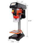 Aynuma 8 Inch Benchtop Drill Press With 400 Watt Induction Motor And Five Speed Settings, showing design and dimensions.