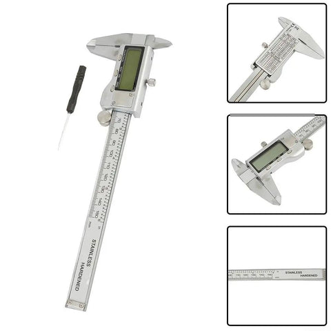 Digital Vernier Caliper 150mm Metric Inch Switch(without) with stainless steel finish, LCD display, and measurement scale.
