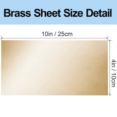 Brass Shim Stock Sheets 0.010 Inch Thick, 10 By 4 Inch Brass Plate Sheets, 6 Piece Pack For Gaskets, Washers, Spacers, And Machining Projects, Polished Finish, Easy To Cut And Bend For DIY Metalwork size detail.