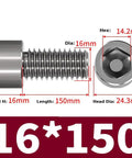 Dead Nuts Tight TC4 Titanium Alloy Cup Head Hex Socket Screws M16 Metric Heavy Duty Fasteners shown with dimensions.