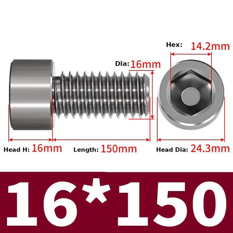 Dead Nuts Tight TC4 Titanium Alloy Cup Head Hex Socket Screws M16 Metric Heavy Duty Fasteners shown with dimensions.