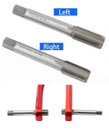 9/16-20 HSS Tap Set For Bicycle Crank Repair With Left And Right Threaded Taps shown with red crank arms