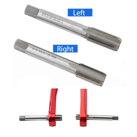 9/16-20 HSS Tap Set For Bicycle Crank Repair With Left And Right Threaded Taps shown with red crank arms