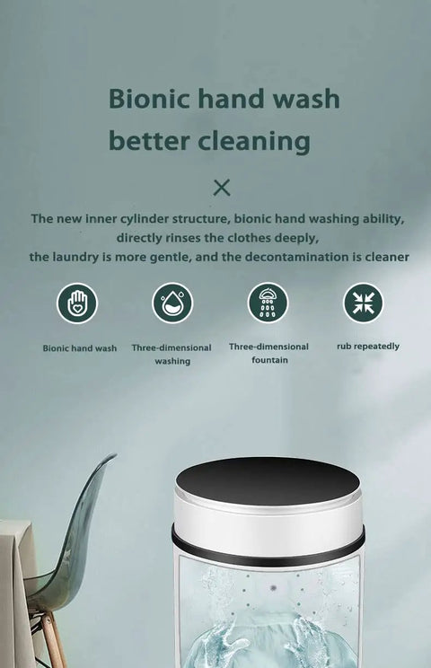 Mini Portable Washer With Bionic Hand Wash Motion, built-in stainless steel tub showcasing water and gentle wash action.