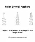 Three illustrations of nylon drywall anchors with dimensions; part of 100-Pack M10 Nylon Drywall Anchors With Screws Kit For Hollow Walls.