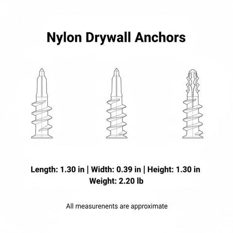 Three illustrations of nylon drywall anchors with dimensions; part of 100-Pack M10 Nylon Drywall Anchors With Screws Kit For Hollow Walls.