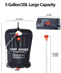 Large Capacity Solar Shower Bag 5 Gallons 20L For Camping Outdoors Portable Shower with hose and switchable shower head.