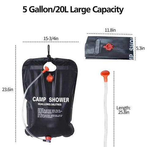 Large Capacity Solar Shower Bag 5 Gallons 20L For Camping Outdoors Portable Shower with hose and switchable shower head.