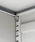 Detailed view of shelving mechanism in Lockable Stainless Steel Office Filing Cabinet With Top-Notch Adjustable Shelves, 2-Door Storage Cupboard