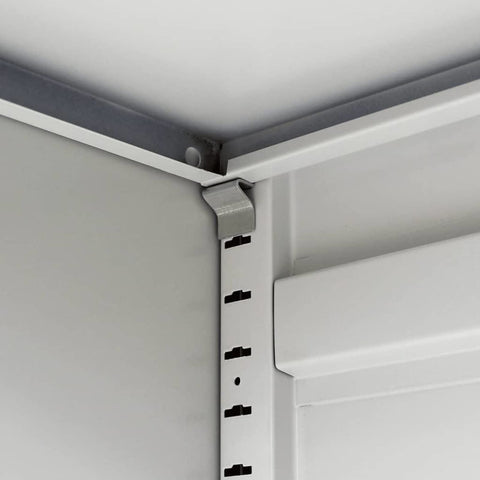 Detailed view of shelving mechanism in Lockable Stainless Steel Office Filing Cabinet With Top-Notch Adjustable Shelves, 2-Door Storage Cupboard