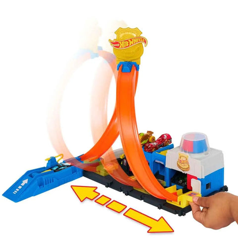 Police Station Track Set With Adjustable Loop And Four Lane Race 1:64 Scale Die Cast Vehicle Included Multi Path Stunts And City Chase Action