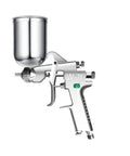 Pro Grade Pneumatic Paint Sprayer With 1 8 Mm Precision Atomizing Nozzle and Spill Safe Top Fill Cup, silver finish, side view.