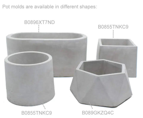 Four silicone planter molds for concrete pot making in round, square, rectangular, and geometric shapes, with durable plastic frames.