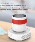 Desk Side Electric Cup Warmer And Cooler Fast Freeze Tech With Auto Shut Off Waterproof Build with a red-accented mug on a base.