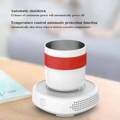 Desk Side Electric Cup Warmer And Cooler Fast Freeze Tech With Auto Shut Off Waterproof Build with a red-accented mug on a base.