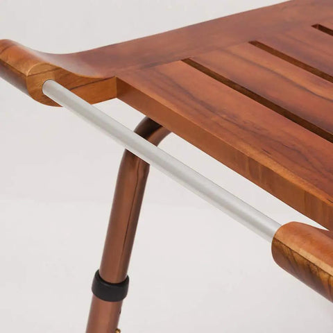 Close-up of teak wood bath shower stool with non slip feet height adjustable lightweight shower bench for seniors ergonomic bath chair