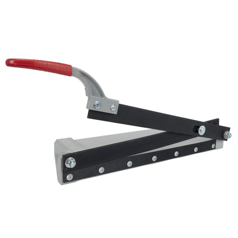 Side view of Quik Cut Vct Vinyl Tile Cutter 12 Inch for precise 12x12 tile cuts with black steel blades and aluminum base.