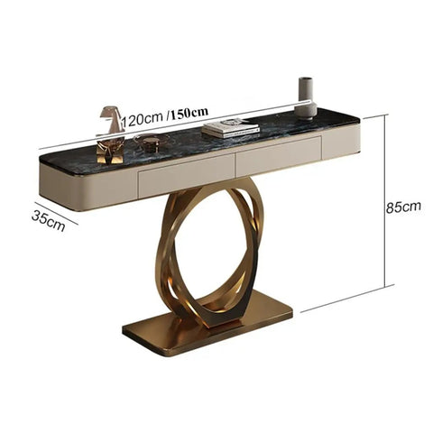 Dead Fresh Modern Console Table With Two Sneaky Push Down Drawers Heavy Duty Industrial Metal Frame Entryway Stand Goes Hard Behind The Couch In Sleek Black Finish Style with drawer dimensions noted.