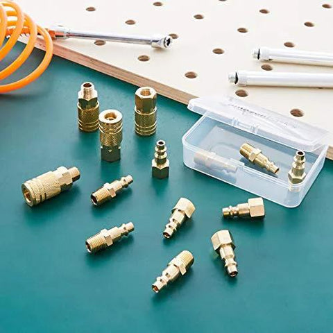 Amazon Basics brass air fittings kit, 14 pieces for 1/4-inch NPT, with plastic storage case and orange air hose.