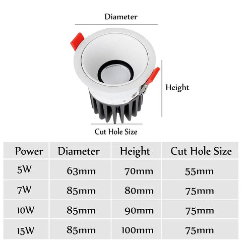 10 Pack Led Recessed Downlights With Slick Anti Glare Baffle Trim showing dimensions and specifications for retrofit ceiling installation.