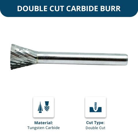 Heavy Duty Inverted Cone Tungsten Carbide Rotary Burr For High Speed Die Grinders featuring double cut design and 1/4 inch shaft.