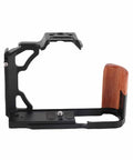 Wood Handle Camera Cage For ZFC Aluminum Alloy Metal Cage With One Quarter Inch And Three Eighths Inch Screw Holes Cold Shoe Mount Vertical Video Ready Full Enclosure For Pro On The Go Filming, side view