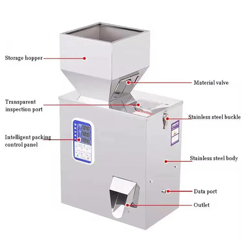 Heavy Duty Automatic Filling Machine For Dry Powder Granules Precision Electronic Weighing Scale For Coffee Beans Rice Seeds Plug And Play Wiring With Zero Stress Operation, showcasing storage hopper and control panel.