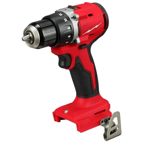Heavy Duty Brushless Cordless Drill Driver Bare Tool Delivering Beast Mode Torque And Compact 18 Volt Build with red grip and metal chuck.