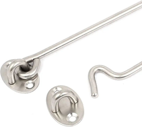 WUUWCHODC Gate Latch Cabin Hook with Rotating Window and Mounting Screws, stainless steel hook and base plates, 250mm long.