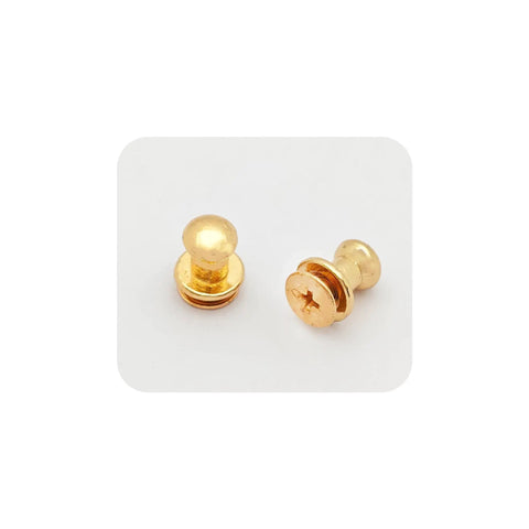 Premium Gold Chicago Button Studs 6mm Round Head Badass Leather Screws And Rivets For Slick Belt Wallet Bag Diy Craft Projects Hardcore Alloy Slotted Post Fasteners Twelve Piece Kit close-up view of gold screws with round heads.