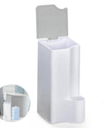 Toilet Wand Holder And Organizer Fits Clorox Toilet Wand And Disposable Scrubbing Pads, white and gray holder with open lid view.