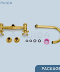 Antique Brass Wall Mount Kitchen Faucet With 8 Inch Center, 360 Degree Swivel Spout, package components visible.