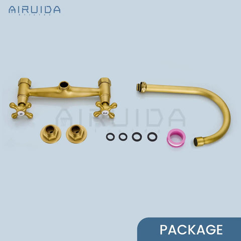 Antique Brass Wall Mount Kitchen Faucet With 8 Inch Center, 360 Degree Swivel Spout, package components visible.