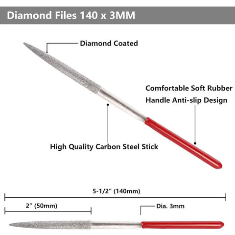 Ten Piece Mini Diamond File Set With Round Square Equilateral Triangle Leaf Triangle Oval Half Round Flat Knife Sharp Flat Riffler Shapes For Jewelry Making Wood Stone Glass Work 140mm Total Length Grit 150 shown with details of diamond coating and dimensions.