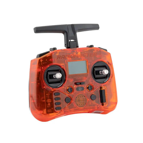 Pocket Portable Remote Controller With Hall Effect Gimbals And EdgeTX Support Built In LED Lights And Backlit LCD Screen ExpressLRS Or MPM CC2500 Version Foldable Antenna Removable Sticks Orange Finish, front view