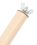 Close-up of a premium natural wood bird perch stand set for parakeets and cockatiels, showcasing a wooden rod and metal attachment.