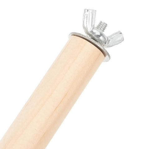 Close-up of a premium natural wood bird perch stand set for parakeets and cockatiels, showcasing a wooden rod and metal attachment.