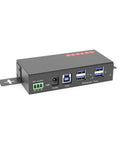Built Like A Tank 4 Port USB 3.2 Gen 1 Industrial Metal Hub with surge protection and DIN rail mounting, side view.