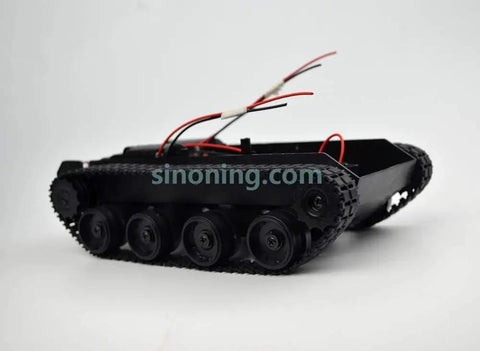 Side view of Mini Smart Robot Tank Chassis Kit with rubber track crawler, suitable for Arduino, shows suspension system and shock absorption.