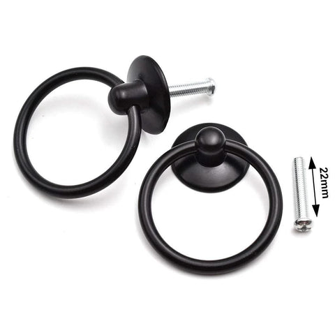 Black Ring Drawer Pull Handles 2 Pack Single Hole Metal Drop Ring Knobs for Cabinets Dresser and Doors with Mounting Screws Zinc Alloy