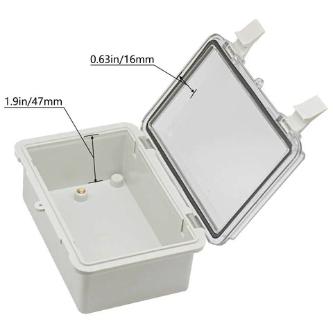 Outdoor IP65 Waterproof ABS Junction Box With Hinged Clear Cover open to show interior dimensions for DIY electrical installations.