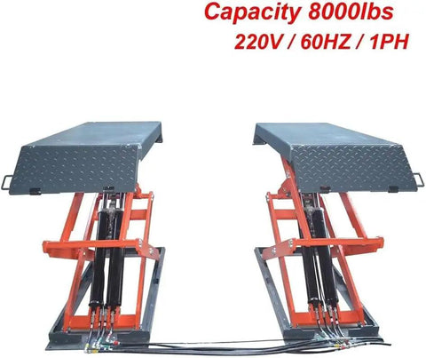 Hella Tough 8000 Lb Portable Scissor Car Lift With 220V Motor and 72 Inch Full Rise Base, showcasing hydraulic mechanism and metal framework.