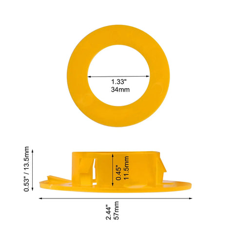 100-Pack Plastic Snap-In Cable Bushings For Wire Insulation And Protection From Abrasion On Metal Studs, Easy Clip-In Fit, Heat And Corrosion Resistant, Smooth Wire Pull-Through, No Tools Needed, 34mm yellow bushing shown with dimensions