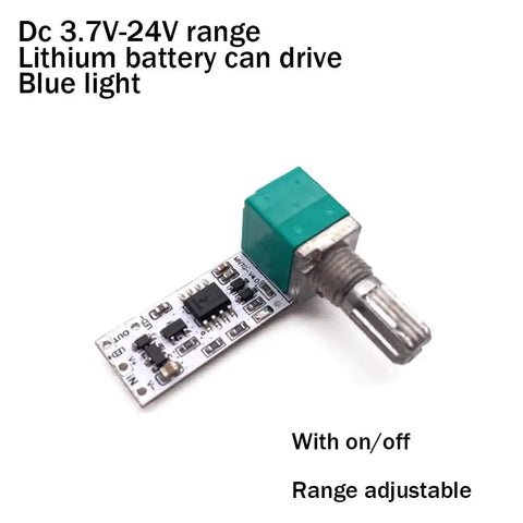 Top Notch LED Constant Voltage Dimmer Board For Desk Lamps With 0 To 100 Percent Stepless Smooth Fade Control And No Flicker For Live Streaming Gear Or Any DC 3.7V To 24V Setup Powering Lithium Batteries Easily With Blue Light Indicator showcasing adjustable range and control knob.