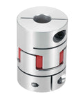 Aluminum shaft coupling with red spider jaws; 7–12 mm bore, 50 mm length, for 3D printers.