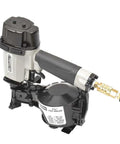 Pro Grade Coil Roofing Nailer Fires 1-3/4 Inch 15 Degree Fasteners With Lightweight Aluminum Body, showing side view and air inlet.