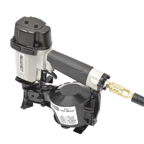 Pro Grade Coil Roofing Nailer Fires 1-3/4 Inch 15 Degree Fasteners With Lightweight Aluminum Body, showing side view and air inlet.