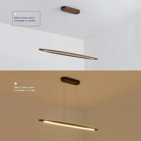 51 Inch Walnut Wood Linear Pendant Light For Kitchen Island And Dining Room Featuring Smooth Modern Lines And Straight Up Gorgeous Illumination in daytime and night.