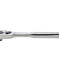 Three Eighths Inch Drive 72 Tooth Pear Head Ratchet Wrench, Corrosion Resistant Chrome Finish, side view on white background